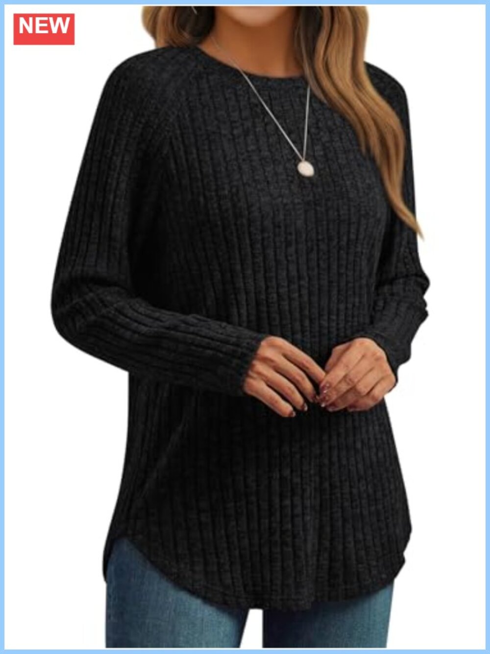 Womens Ribbed Knit Long Sleeve Tunic Top Crew Neck Curved Hem Fall Casual